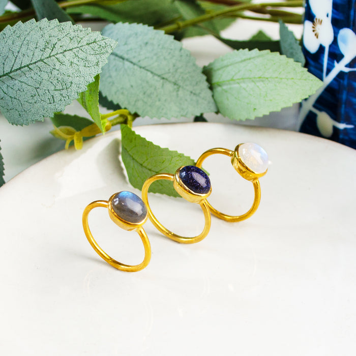 Oval Labradorite Cabochon Ring, Bezel Set Birthstone Ring in Sterling Silver, Gold or Rose Gold