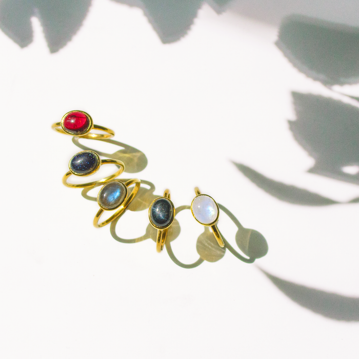 Oval Labradorite Cabochon Ring, Bezel Set Birthstone Ring in Sterling Silver, Gold or Rose Gold