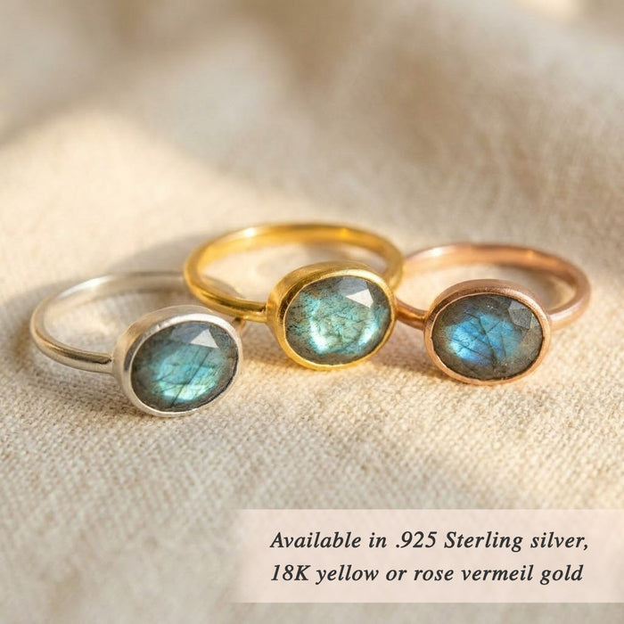 oval stacking rings with labradorite gemstone in sterling silver and gold plated birthstone rings, gemstone rings stack ring stackable rings bezel set bezel setting