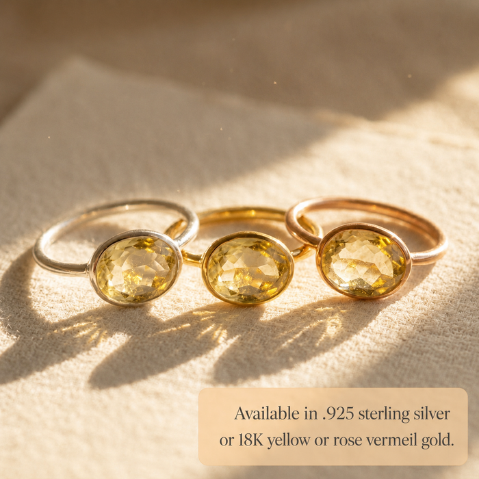 Three lemon quartz oval rings shown in sterling silver, yellow vermeil gold, and rose gold vermeil finishes.