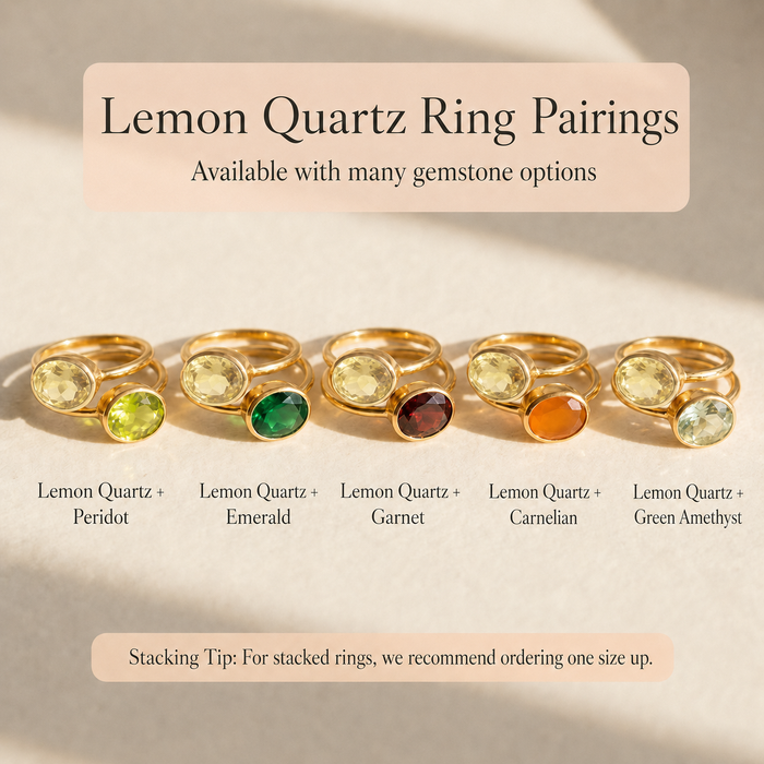 Lemon quartz ring pairing chart showing suggested gemstone combinations with other oval gemstone rings.