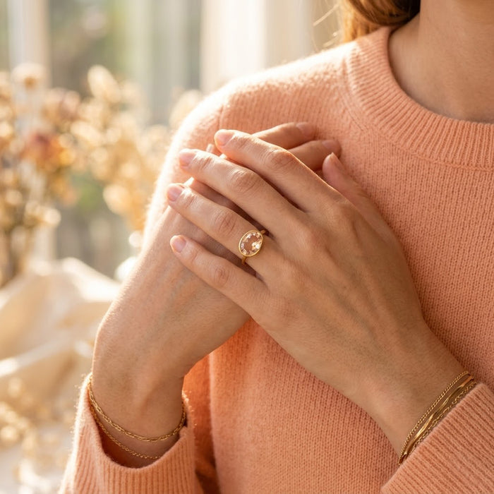 Morganite ring on model, delicate pink gemstone ring for everyday or engagement wear
