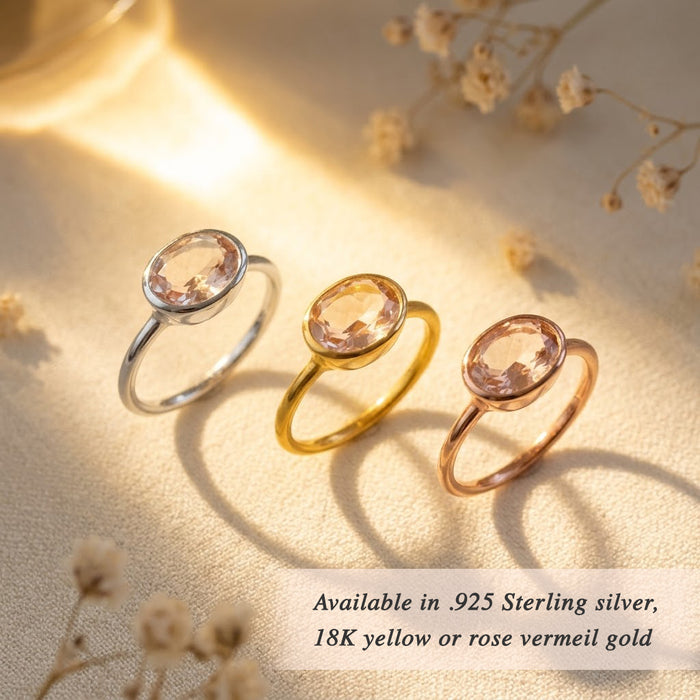 Morganite bezel ring with multiple gemstone stacking rings, colorful ring styling