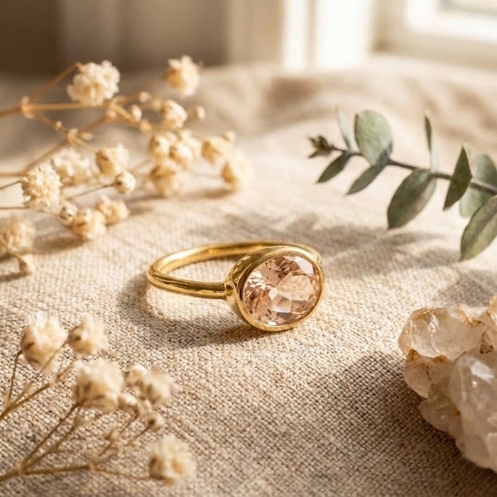 Morganite oval ring in gold, minimalist bezel set pink gemstone jewelry