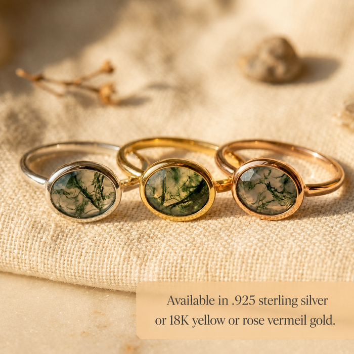 Moss agate rings shown in sterling silver, yellow gold vermeil, and rose gold vermeil with natural green stone variations.