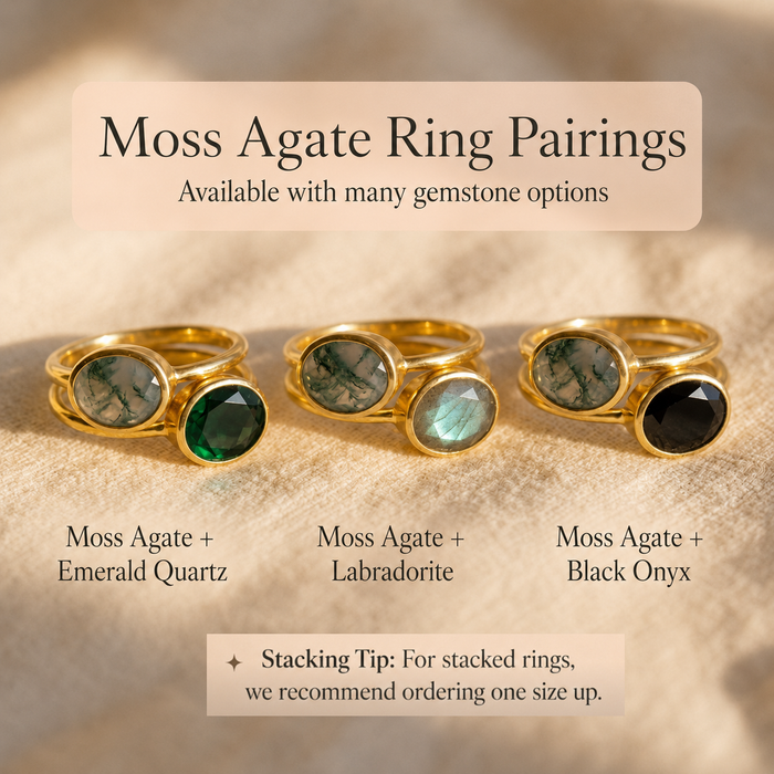 Moss agate ring pairing guide showing moss agate with emerald quartz, labradorite, and black onyx stacking combinations.