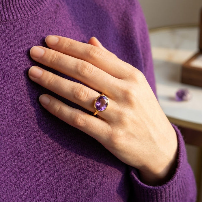 Purple amethyst Rose Gold Plated ring, february birthstone jewelry, vibrant purple gemstone ring, Oval faceted Topaz, Bezel set ring, 18k vermeil gold, Sterling silver ring, amethyst gift, february birthday gift, purple ring for her, stacking ring, stackable ring
