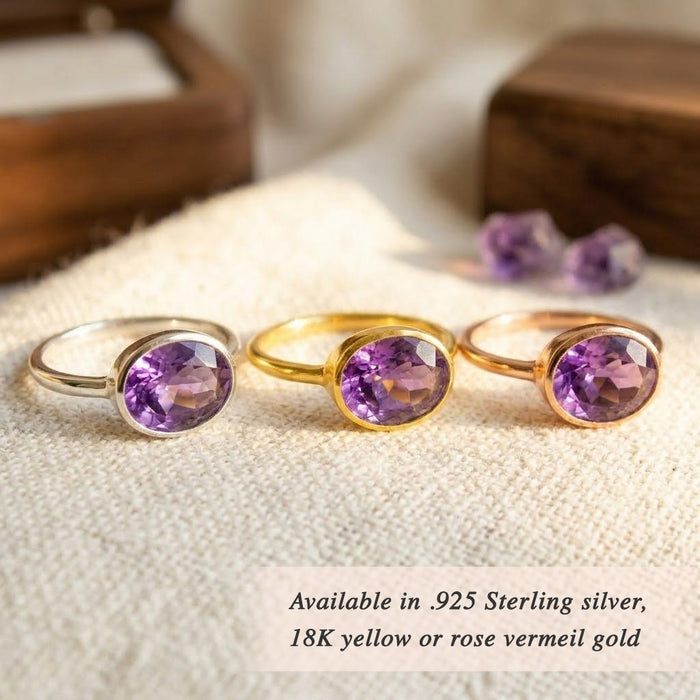 Purple amethyst Rose Gold Plated ring, february birthstone jewelry, vibrant purple gemstone ring, Oval faceted Topaz, Bezel set ring, 18k vermeil gold, Sterling silver ring, amethyst gift, february birthday gift, purple ring for her, stacking ring, stackable ring