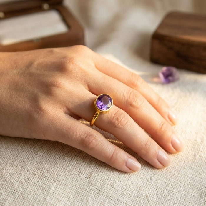 Sterling silver and gold plated Purple amethyst ring, february birthstone jewelry, vibrant purple gemstone ring, Oval faceted Topaz, Bezel set ring, 18k vermeil gold, Sterling silver ring, amethyst gift, february birthday gift, purple ring for her, stacking ring, stackable ring