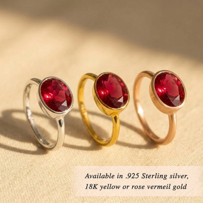 oval gemstone rings in gold and silver, ruby quartz ring and birthstone ring variations for stacking