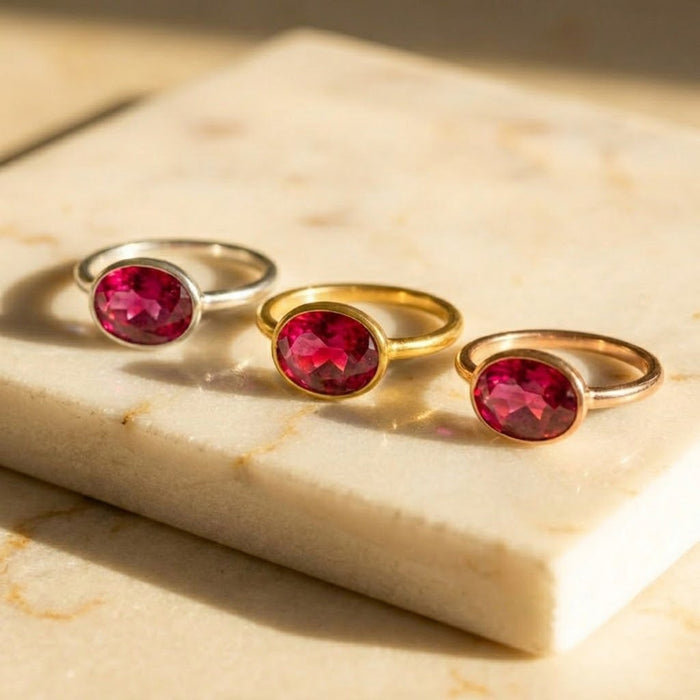 ruby quartz oval rings set, gold stackable gemstone rings, elegant birthstone jewelry collection