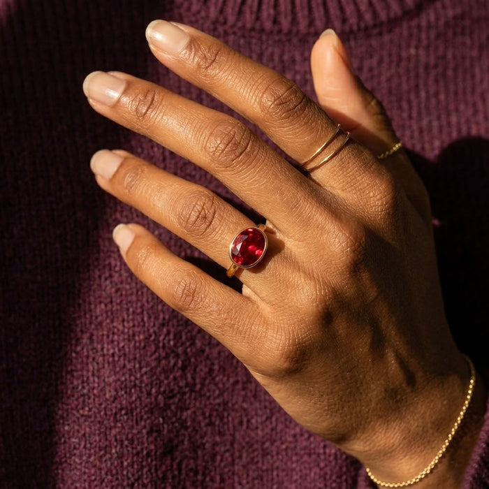 minimalist ruby quartz ring on hand, gold red gemstone ring for everyday wear or gift