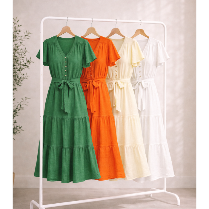 Papaya Glow Gauze Midi Dress with Trim Details