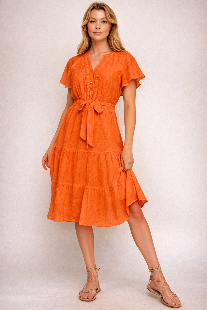 Papaya Glow Gauze Midi Dress with Trim Details