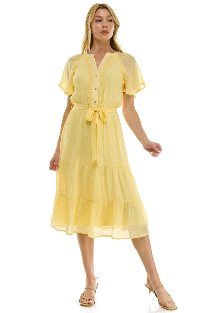 Papaya Glow Gauze Midi Dress with Trim Details