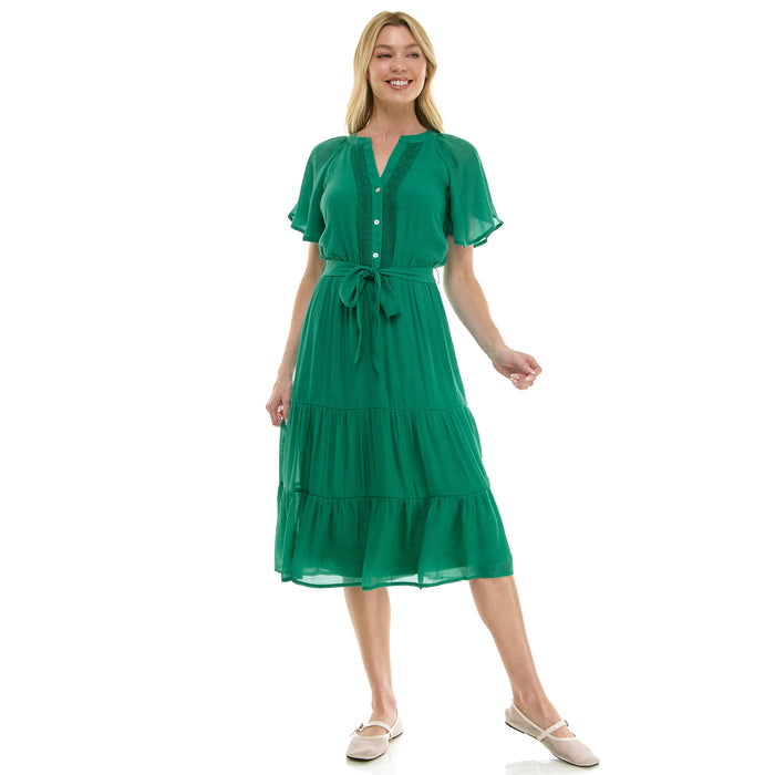 Papaya Glow Gauze Midi Dress with Trim Details