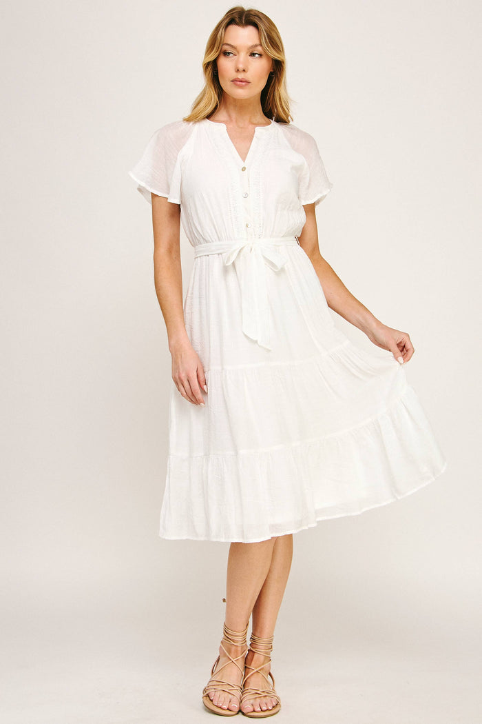 Papaya Glow Gauze Midi Dress with Trim Details
