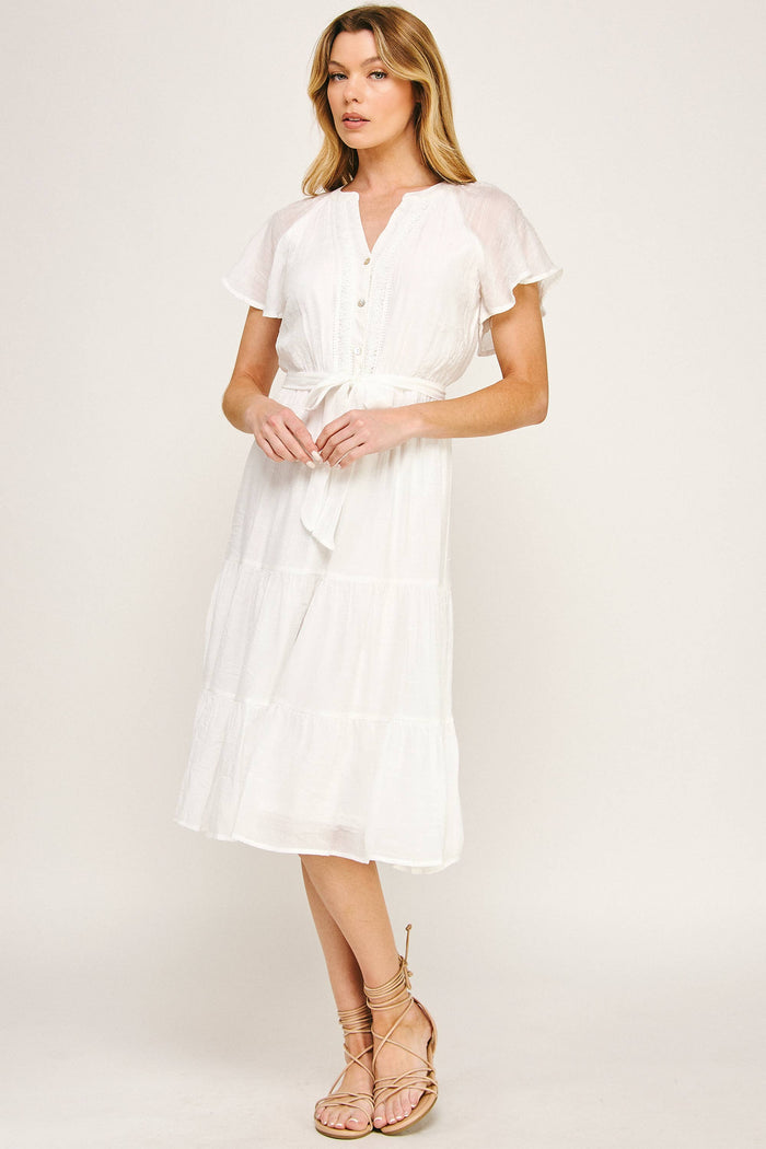 Papaya Glow Gauze Midi Dress with Trim Details