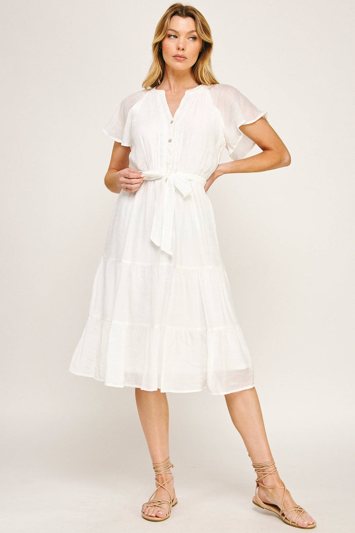 Papaya Glow Gauze Midi Dress with Trim Details