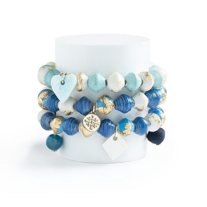 Paper beads stretch bracelet in blue tones