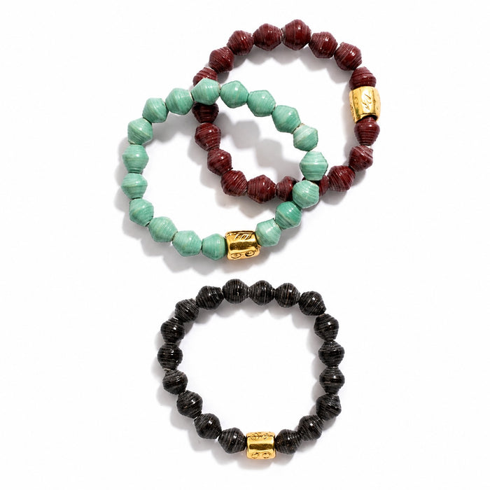 Paper beads stretch bracelet Maroon, RobinEggBlue, Black