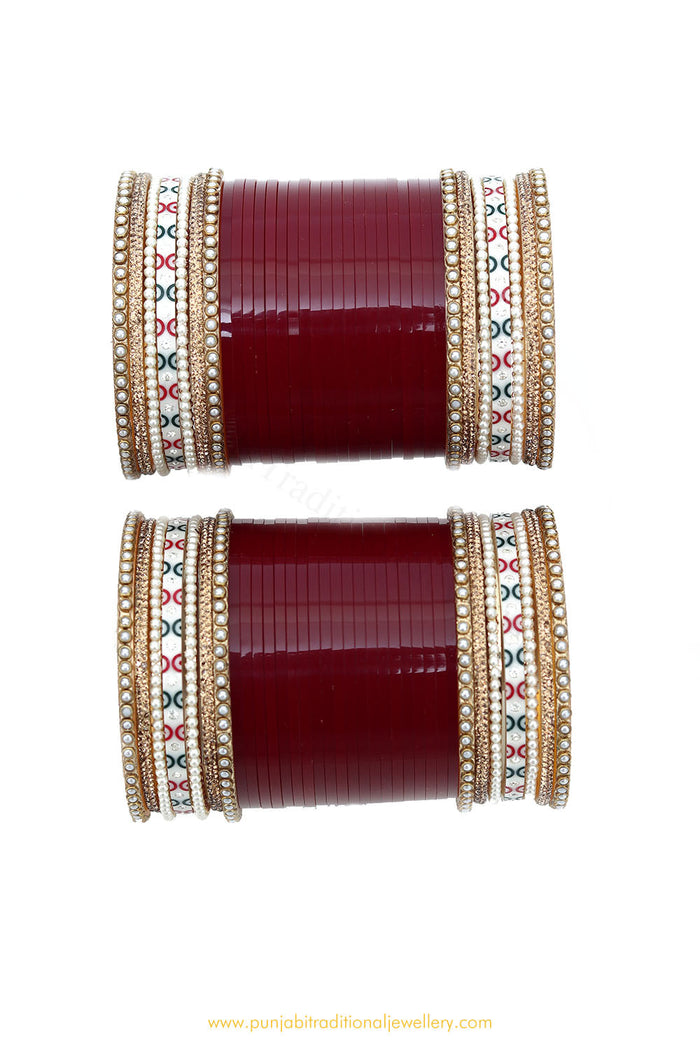 Pearl Maroon Colour Dotted Bridal Chura By PTJ