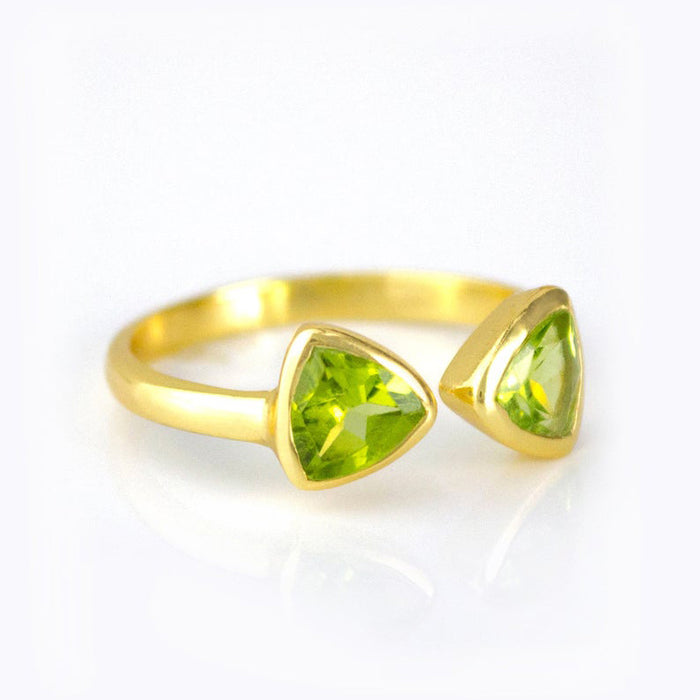 Peridot triangle ring, adjustable Peridot ring, double triangle Peridot, personalized Peridot jewelry, sterling silver Peridot ring, gold Peridot ring, rose gold Peridot ring, unique Peridot gemstone, Peridot birthstone ring, custom triangle-cut Peridot, bespoke Peridot jewelry, chic Peridot accessory, elegant green gemstone ring, Peridot stacking ring, custom gemstone jewelry, trendy triangle ring, adjustable Peridot band, unique birthstone jewelry, Peridot gift idea, vibrant Peridot ring