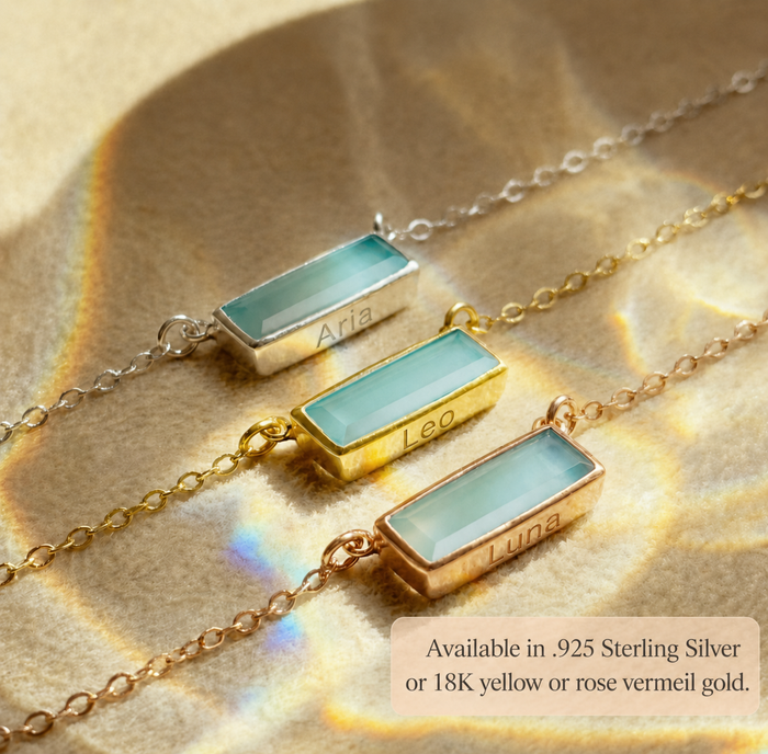 Aqua chalcedony bar necklaces in sterling silver, yellow gold, and rose gold metal options.