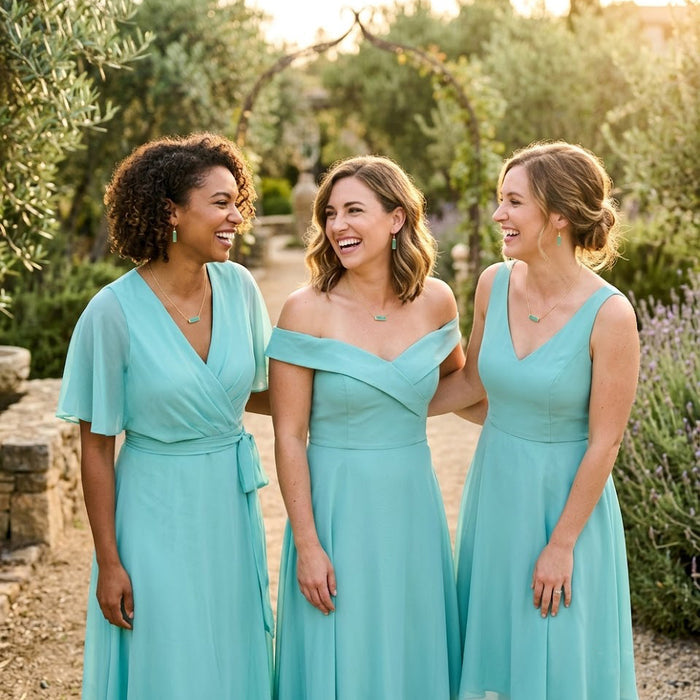 Bridesmaids wearing aqua dresses with matching aqua chalcedony birthstone necklaces.