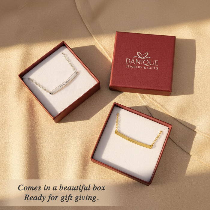 Danique Jewelry gift packaging with engraved skinny bar bracelet inside, personalized coordinates bar bracelet presented in gift-ready box, custom engraved bracelet for women, elegant packaging for anniversary, birthday, or memorial gift, minimalist bar bracelet jewelry ready for gifting, premium presentation highlighting personalized location jewelry