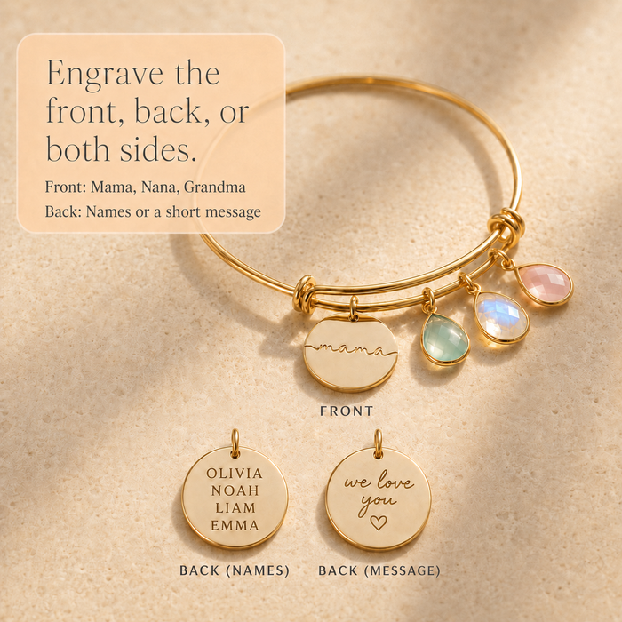 Birthstone color chart for personalized bangle bracelet with gemstone options for each child, grandchild, or loved one.
