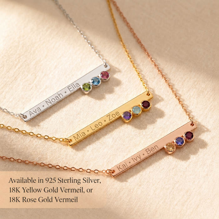 Birthstone bar necklace shown in silver, yellow gold, and rose gold metal finishes
