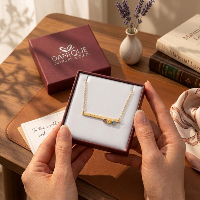 Danique Jewelry gift box with personalized birthstone bar necklace packaged for gifting