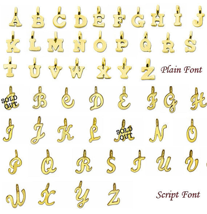 Gold initial letter charms chart in plain font and script font, showing full A–Z alphabet options for customizing the personalized birthstone initial bracelet, with a few letters marked sold out. This guide helps customers choose the perfect plain or cursive initial charm to pair with their round bezel-set birthstone on a dainty gold bracelet, ideal for creating a meaningful custom gift for mom, daughter, grandma, best friend or bridesmaids for birthdays or Mother’s Day.