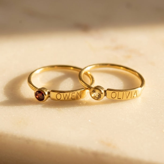 personalized gold birthstone rings with engraving, custom stackable rings for sisters or couples