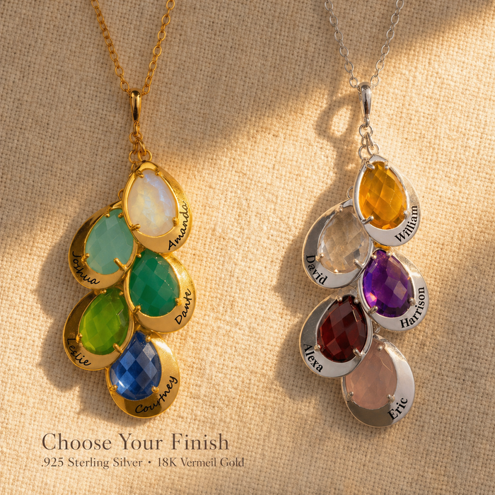 Custom birthstone necklaces in gold, silver, and oxidized silver finishes with teardrop gemstone charms and engraved name tags for mom or grandma.