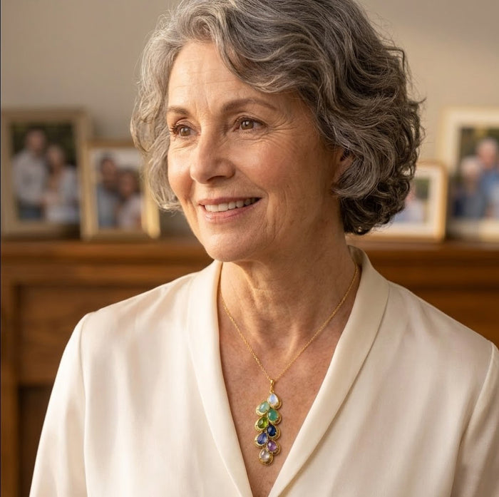 Grandma wearing a custom birthstone necklace with engraved name charms, a sentimental grandmother necklace representing grandchildren and family.