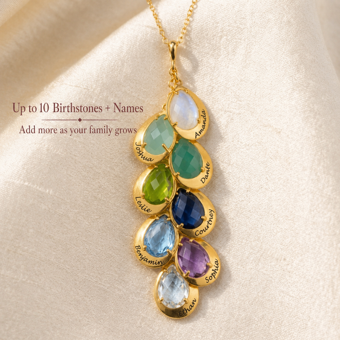 Custom mom birthstone necklace with up to 12 charms and names, personalized family jewelry made with teardrop gemstones and engraved tags.