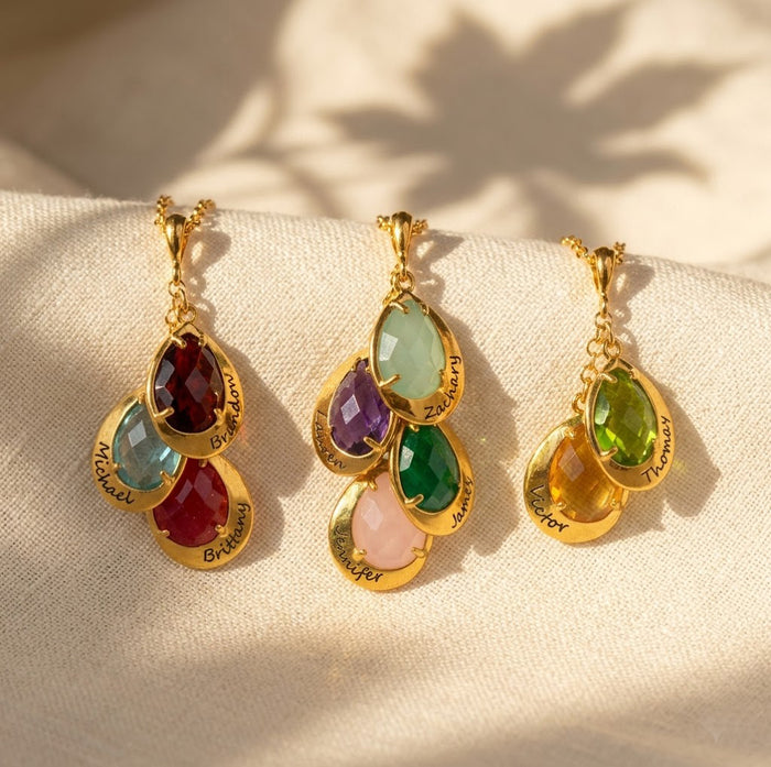 Personalized birthstone necklace styles shown in gold with engraved name charms, custom family necklace options for mom, grandma, or loved ones.