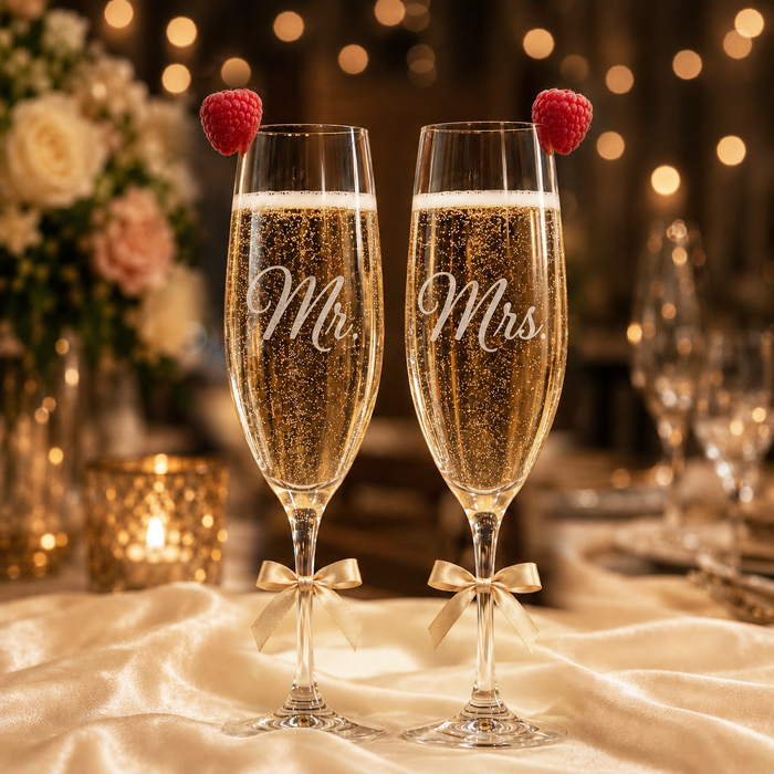 Personalized Mr and Mrs champagne flutes with frosted engraving, raspberries, gold bows, ivory satin fabric, and warm wedding lights.