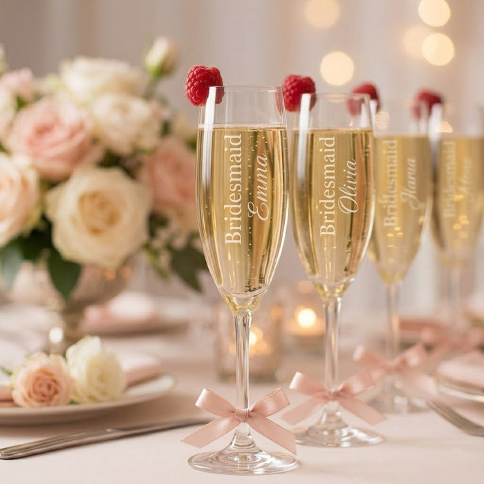 Personalized champagne flutes arranged on a romantic wedding table with roses, soft lights, gold bows, raspberries, and engraved glass detail.