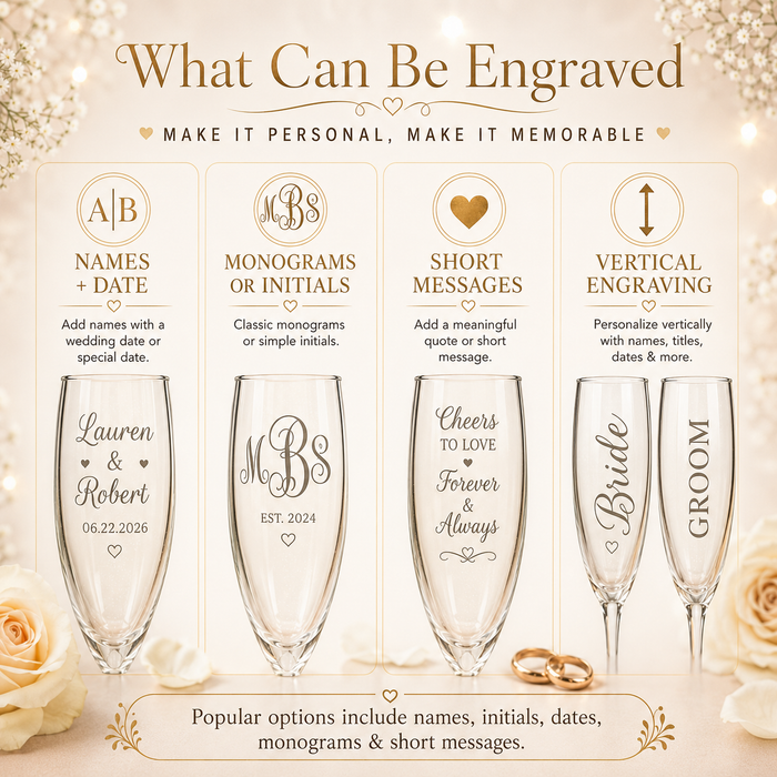 What can be engraved guide for personalized champagne flutes showing names, monograms, short messages, dates, and vertical engraving options.