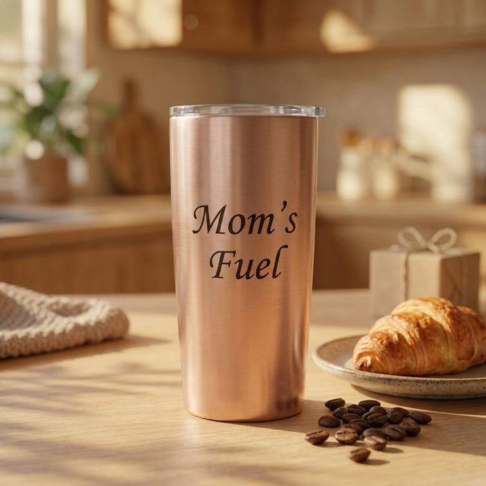 Personalized copper coffee tumbler engraved with “Mom’s Fuel,” styled with coffee beans and a croissant as a custom coffee lover gift for mom.