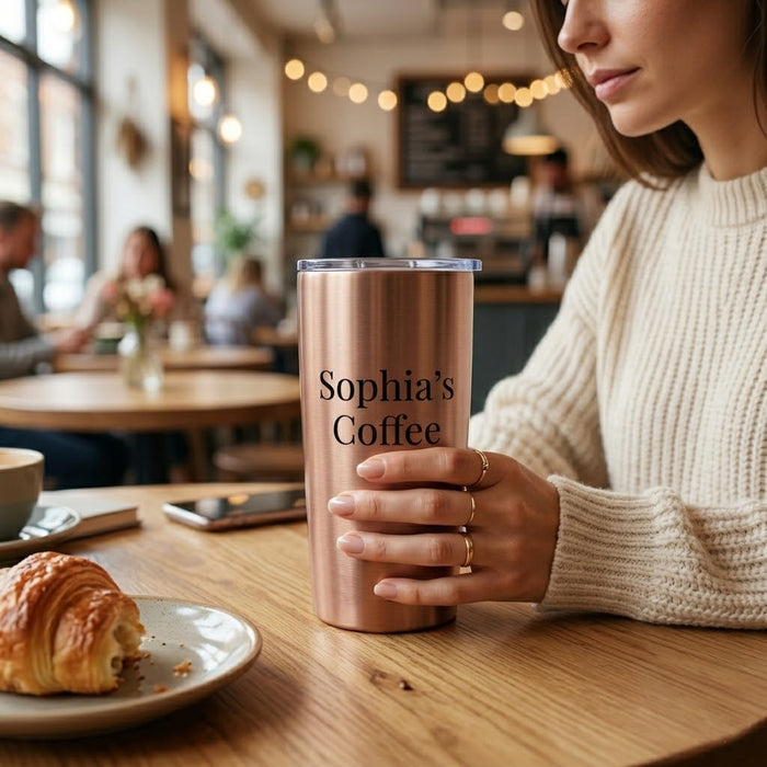 Woman holding a personalized copper coffee tumbler engraved with “Sophia’s Coffee” in a cozy café setting with pastry and warm lights.