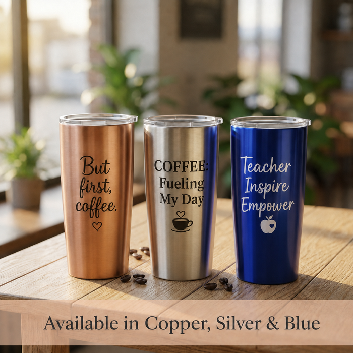 Three personalized coffee tumblers in copper, silver, and blue showing available color options for custom engraved stainless steel cups.