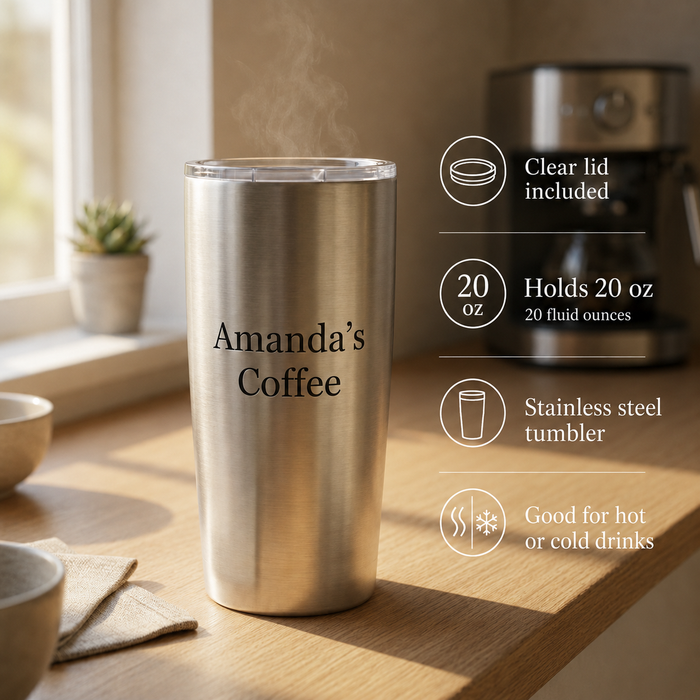 Silver custom engraved coffee tumbler with clear lid and product callouts showing 20 oz capacity, stainless steel body, and hot or cold drink use.
