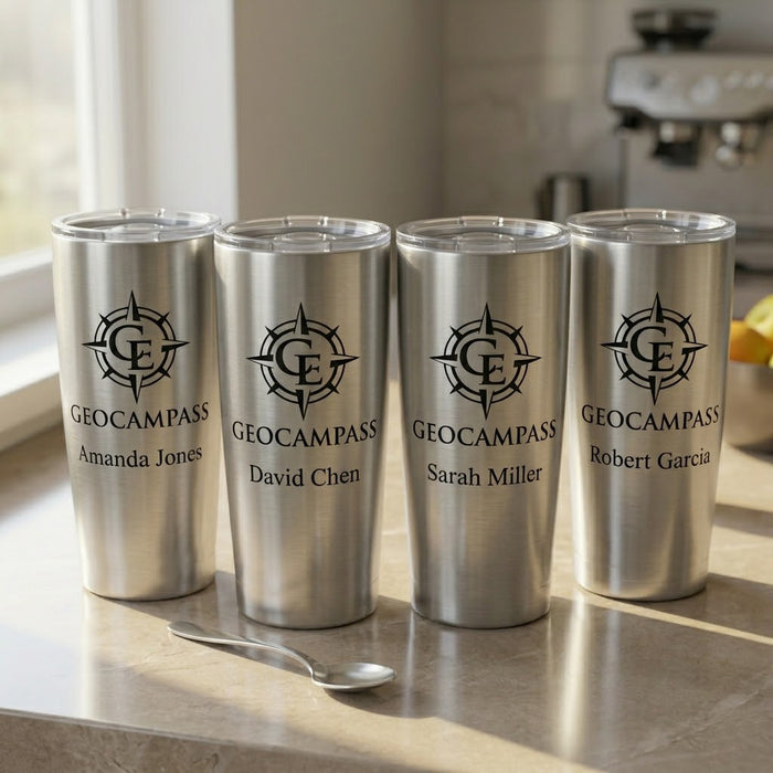 Silver engraved stainless steel tumblers with custom monogram logo designs, perfect for business gifts, teams, or personalized drinkware.