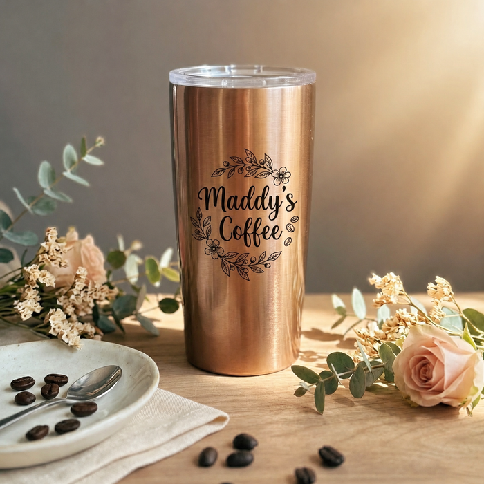 Copper engraved coffee tumbler personalized with “Maddie’s Coffee,” styled on a warm wood table with coffee beans and soft natural light.