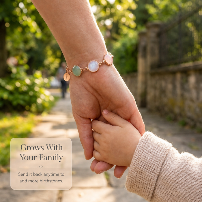 Custom birthstone bracelet grows with your family, shown on mother and child holding hands with text explaining more stones can be added later.