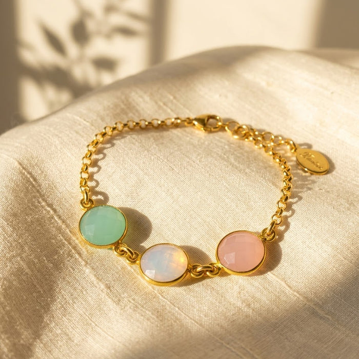 Gold family birthstone bracelet with three gemstone charms, a personalized bracelet for mom or grandma with children’s or grandchildren’s birthstones.